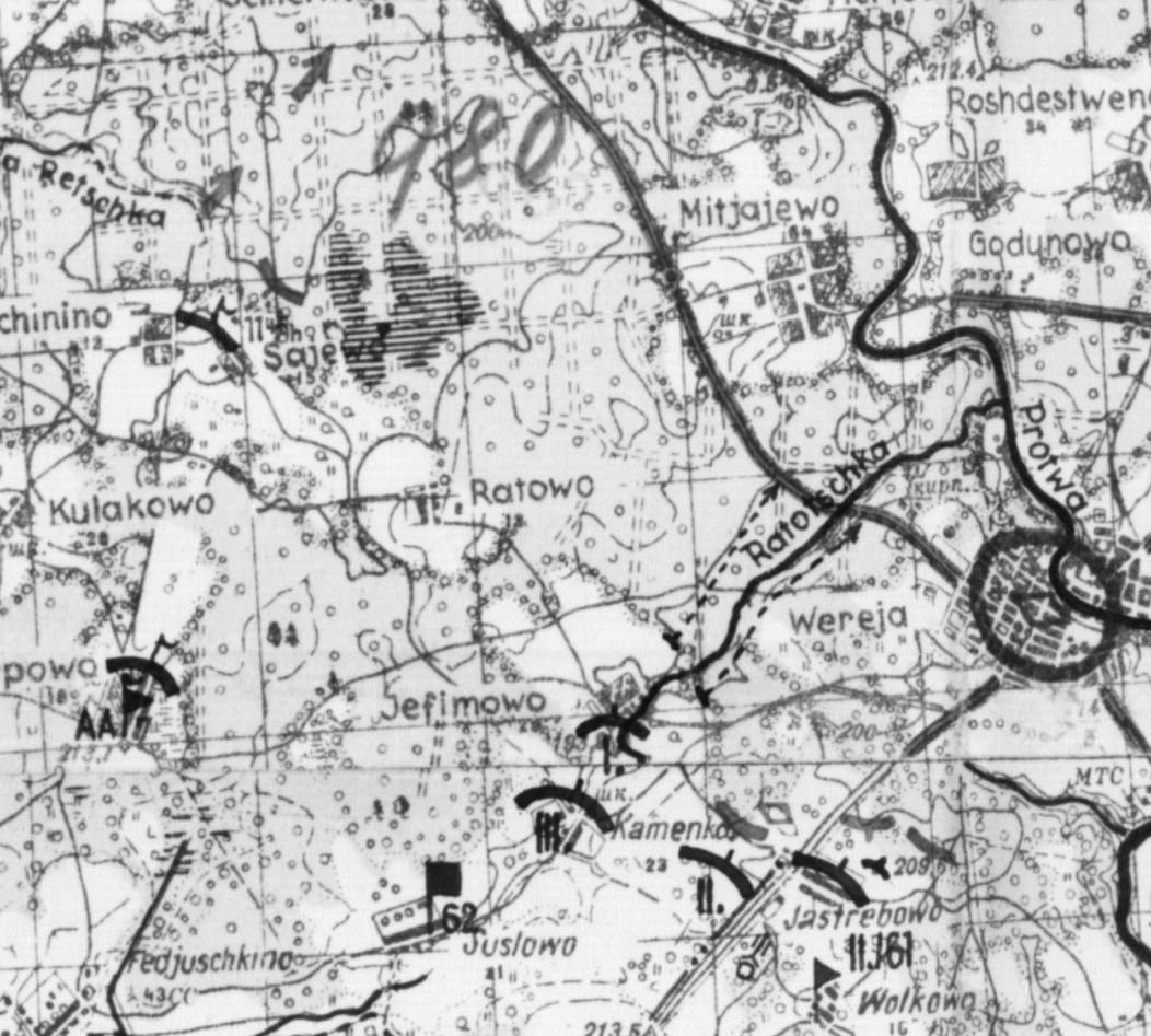 Оперативная карта немецкой 7-й пехотной дивизии от 22.00 часов 16.10.1941 г. Место немецкого окружения особого кавполка  полковника М.Шаймуратова, 185-го полка и одной роты 230-го учебного полка – лес на северо-западе дер.Ефимово.