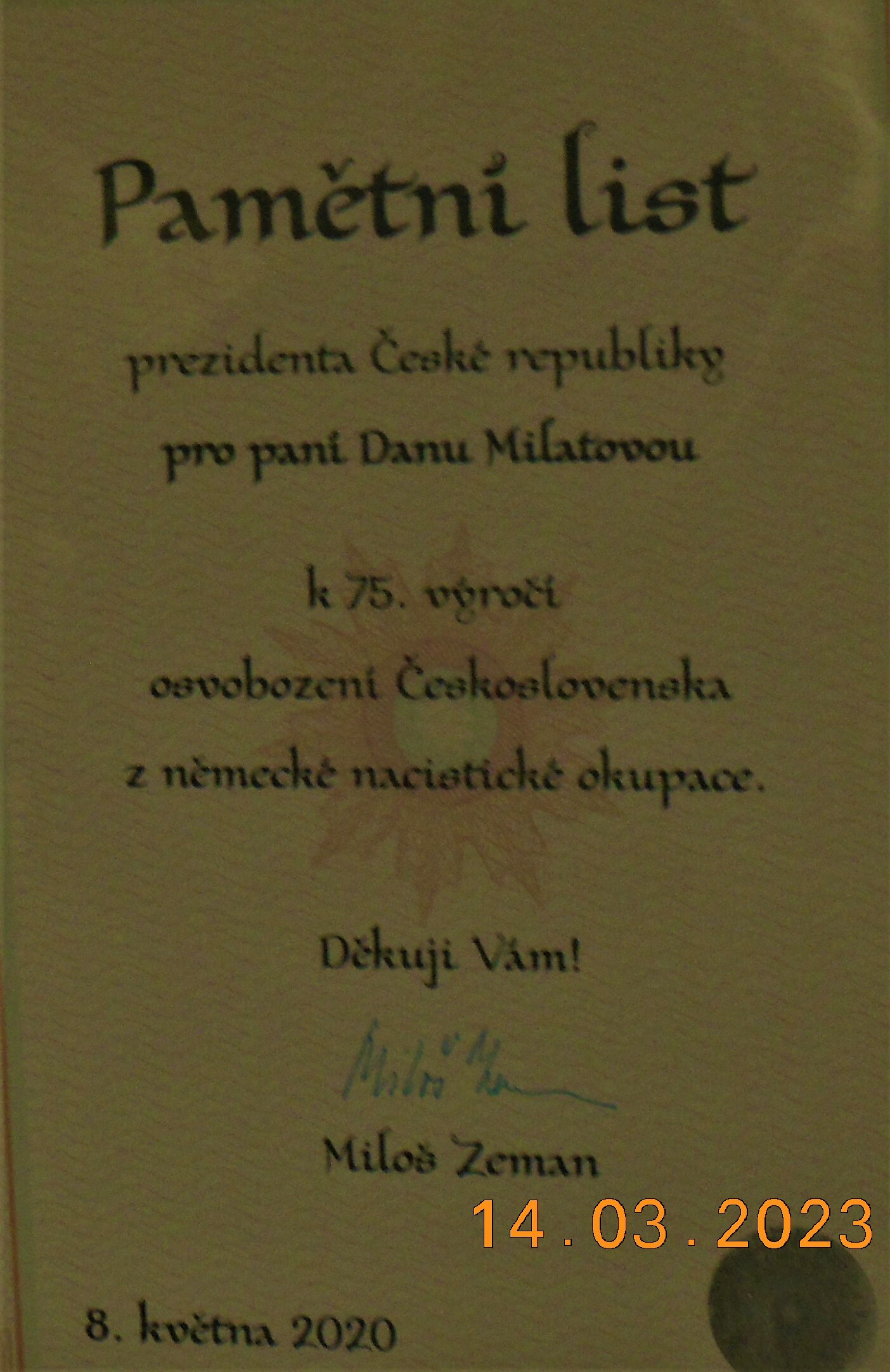 Поздравление от президента Милоша Земана в честь 75-ой годовщины Победы.