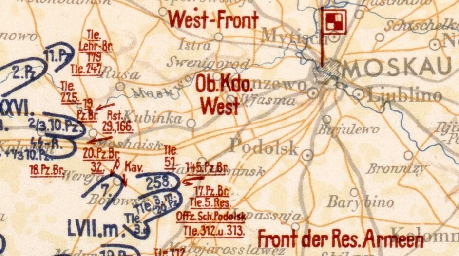 Карта Главного командования сухопутных войск вермахта от 16 октяб­ря 1941 года. Анализ карты свидетельствует о том, что единственной кавалерией на Можайской линии обороны является кавполк полковника М.Шаймуратова, который противостоит немецкой 7-й пехотной дивизии.