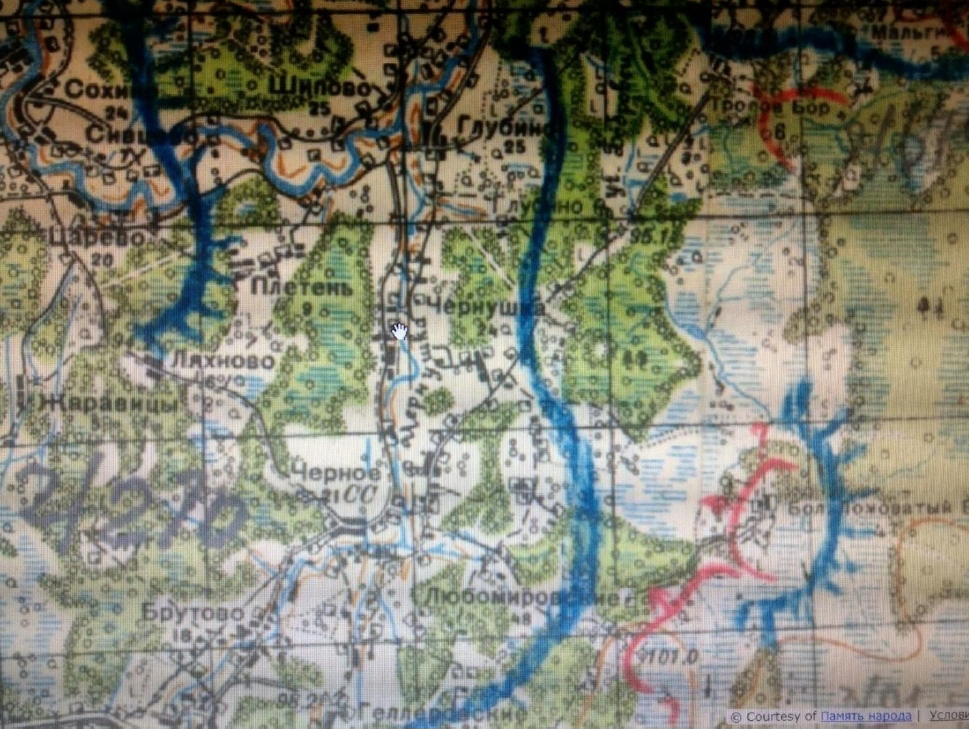 Советская карта положения фронта на 23–26 февраля 1943 г.  Фронт проходит в 1 км к востоку от д.Чернушка (южная)