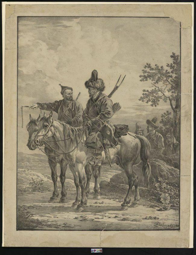 Башкирские конники в походе. Художник А.Орловский. Литография, 19 в.